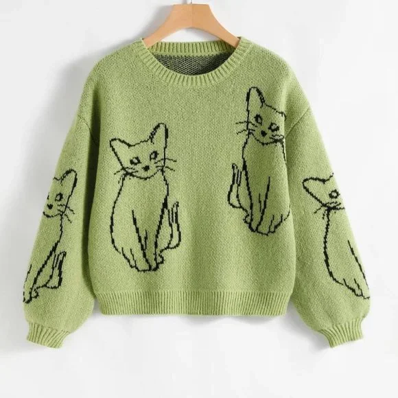 Boho Green Cat Pattern Drop Shoulder Sweater top - Picture 2 of 4